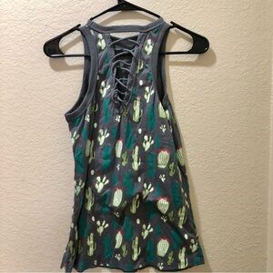 Rock & Roll Cowgirl Charcoal Cactus Lace-Up Tank